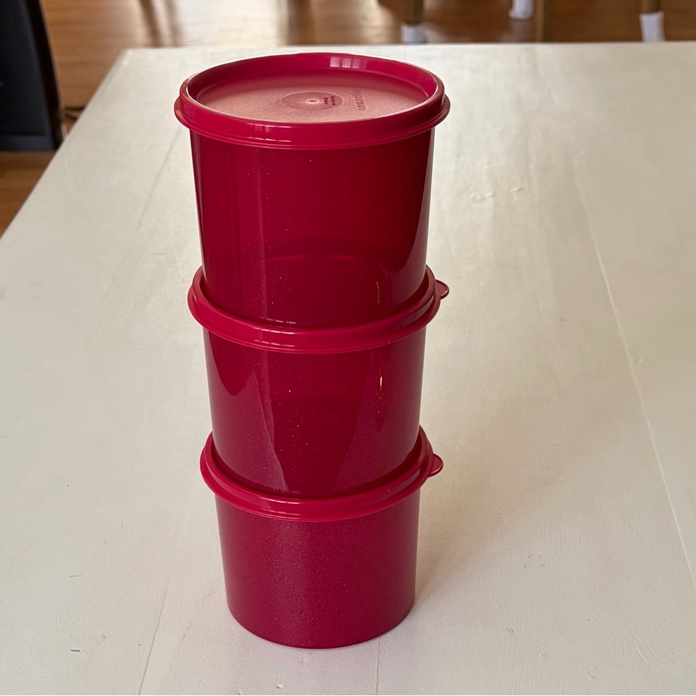 Tupperware 3 New Round Canisters #4623 Sparkle Ruby Red